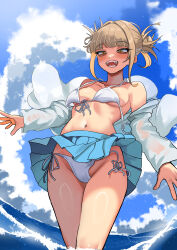 Rule 34 | 1girl, absurdres, bags under eyes, bare shoulders, bikini, bikini under clothes, blonde hair, blue skirt, blue sky, blunt bangs, blush, boku no hero academia, breasts, clothes lift, cloud, cloudy sky, commentary, day, double bun, front-tie bikini top, front-tie top, groin, hair bun, halterneck, highres, jacket, long sleeves, medium breasts, messy hair, narrowed eyes, navel, ocean, off shoulder, open clothes, open jacket, open mouth, outdoors, pleated skirt, short hair, side-tie bikini bottom, sidelocks, skirt, skirt lift, sky, smile, solo, swimsuit, teeth, toga himiko, untied bikini, wading, water, white bikini, white jacket, wind, wind lift, yellow eyes, zd (pixiv6210083)