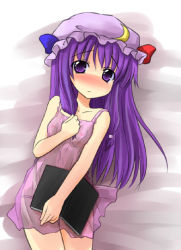 Rule 34 | 1girl, blush, book, breasts, chemise, female focus, kazami ruku, long hair, lying, nipples, on back, patchouli knowledge, purple eyes, purple hair, see-through, small breasts, solo, touhou
