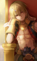 Rule 34 | 1boy, abs, absurdres, asa lemon, blonde hair, collar, cropped vest, fate/grand order, fate (series), gilgamesh (fate), gilgamesh (caster) (fate), head rest, highres, lips, looking at viewer, looking away, male focus, red eyes, topless male, sitting, solo, throne, upper body, vest