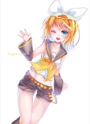 Rule 34 | 1girl, belt, blonde hair, blue eyes, bow, breasts, character name, collarbone, cowboy shot, detached sleeves, eyelashes, female focus, hair bow, hair ornament, hairclip, headphones, highres, kagamine rin, looking at viewer, mizu mado, musical note, navel, one eye closed, open mouth, sailor collar, shiny skin, short hair, shorts, small breasts, smile, solo, sparkling eyes, standing, text focus, thigh gap, treble clef, vocaloid, waving, white background