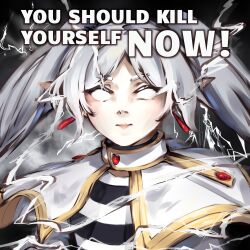 Rule 34 | 1girl, black shirt, capelet, closed mouth, commentary, dangle earrings, earrings, elf, english commentary, english text, expressionless, frieren, glowing, glowing eyes, grey hair, highres, jewelry, lightning, long hair, looking at viewer, low tier god, meme, no pupils, parted bangs, pointy ears, shirt, solo, sousou no frieren, spoilers, striped clothes, striped shirt, synoh, twintails, upper body, white capelet, white shirt, you should kill yourself now (meme)