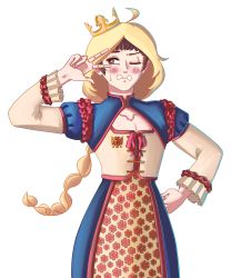 Rule 34 | 1boy, absurdres, ahoge, arm up, averting eyes, blonde hair, blue skirt, blush, braid, brown eyes, brown hair, brown shirt, cleavage cutout, clothing cutout, collarbone, commission, crossdressing, crown, damina-chan, diathadevil, embarrassed, floral print, hand on own hip, highres, layered sleeves, long hair, long sleeves, looking to the side, male focus, one eye closed, original, pectoral cleavage, pectorals, red ribbon, ribbon, serbia, shirt, short hair, short over long sleeves, short sleeves, simple background, single braid, skirt, slavic clothes, solo, standing, sweat, teeth, tilted headwear, traditional clothes, transparent background, virtual youtuber, w, w over eye, wavy mouth, wig, yellow headwear