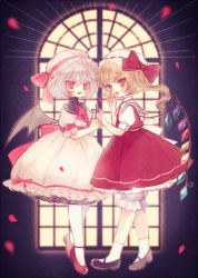 Rule 34 | 2girls, :d, bad id, bad twitter id, bat wings, black footwear, bloomers, blush, bow, commentary request, cross, dress, flandre scarlet, full body, hat, hat bow, mary janes, mob cap, multiple girls, one side up, open mouth, pantyhose, petals, pink dress, puffy short sleeves, puffy sleeves, red bow, red eyes, red footwear, red skirt, red vest, remilia scarlet, shoes, short hair, short sleeves, siblings, silver hair, sisters, skirt, skirt set, slit pupils, smile, socks, standing, touhou, underwear, vest, white legwear, window, wings, yujup