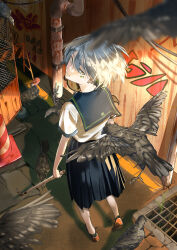 Rule 34 | 1girl, absurdres, bird, black skirt, brown footwear, can, construction site, crow, drink can, ear piercing, garapii, graffiti, grate, grey hair, highres, holding, holding weapon, industrial pipe, lead pipe, looking at viewer, original, outdoors, pantyhose, piercing, rust, school uniform, serafuku, sewer grate, shirt, skirt, soda can, traffic cone, weapon, white pantyhose, white shirt, yellow eyes