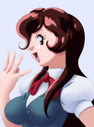 Rule 34 | 1girl, breasts, brown eyes, brown hair, creatures (company), enessef, game freak, giselle (pokemon), highres, laughing, lipstick, looking at viewer, makeup, necktie, nintendo, pokemon, pokemon (anime), pokemon (classic anime), puffy sleeves, school uniform, solo, sweater vest