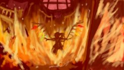 Rule 34 | 1girl, artist request, female focus, fire, flandre scarlet, glowing, glowing eyes, orange theme, outstretched arms, red eyes, side ponytail, silhouette, solo, source request, spread arms, embodiment of scarlet devil, touhou, window, wings