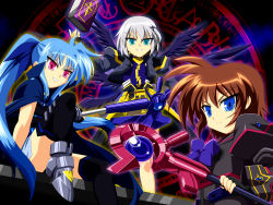 Rule 34 | 3girls, belt bra, black thighhighs, blue eyes, blue hair, book, brown hair, cape, dark persona, fingerless gloves, gloves, hair ribbon, long hair, luciferion, lyrical nanoha, mahou shoujo lyrical nanoha, mahou shoujo lyrical nanoha a&#039;s, mahou shoujo lyrical nanoha a&#039;s portable: the battle of aces, lord dearche, levi the slasher, stern the destructor, monhan, multicolored hair, multiple girls, red eyes, ribbon, short hair, silver hair, staff, thighhighs, tome of the purple sky, twintails, two-tone hair, vulnificus, yersiniakreuz
