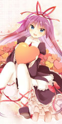Rule 34 | 1girl, ankle ribbon, blue eyes, blush, bow, dress, feli (puyopuyo), floral background, flower, heart, highres, holding, holding heart, leg ribbon, long sleeves, open mouth, puffy dress, puffy sleeves, purple hair, puyopuyo, red bow, red ribbon, rento (rukeai), ribbon, smile, solo