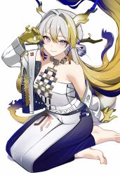 Rule 34 | 1girl, arknights, arm support, ateoyh, bare shoulders, barefoot, blonde hair, blue hair, breasts, choker, coat, commentary, grey eyes, grey hair, hair intakes, hand up, highres, horns, jewelry, long sleeves, medium breasts, multicolored hair, necklace, off shoulder, open clothes, open coat, shu (arknights), simple background, sitting, skirt, solo, strapless, streaked hair, tail, tube top, white background, white coat