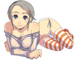 Rule 34 | 1girl, bare shoulders, breasts, cleavage, closed mouth, kusanagi tonbo, large breasts, lying, nipples, no bra, oekaki, original, panties, see-through, side-tie panties, simple background, smile, solo, striped clothes, striped thighhighs, thighhighs, underwear