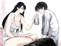 Rule 34 | 1boy, 1girl, alternate costume, artist name, bare arms, bare shoulders, black pants, blush, breasts, cleavage, collarbone, from side, glasses, grey shirt, highres, holding, kamishiro rize, kaneki ken, large breasts, long hair, pants, shirt, shorts, sitting, smile, tissue, tokyo ghoul, wavy mouth, white background, yourfreakyneighbourh