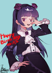 Rule 34 | 1girl, absurdres, aqua background, arm ribbon, ascot, black dress, black hairband, black skirt, blunt bangs, bow, center frills, cowboy shot, dated, dress, flower, frilled sleeves, frills, gokou ruri, hair flower, hair ornament, hairband, hand on own hip, hand on own face, hand over eye, hand up, highres, linween, long hair, long sleeves, looking at viewer, multicolored clothes, multicolored dress, multicolored skirt, open mouth, ore no imouto ga konna ni kawaii wake ga nai, pink eyes, purple bow, purple dress, purple flower, purple hair, purple ribbon, purple skirt, ribbon, round teeth, shirt, sidelocks, signature, simple background, skirt, smile, solo, straight hair, teeth, upper teeth only, very long hair, white ascot, white shirt