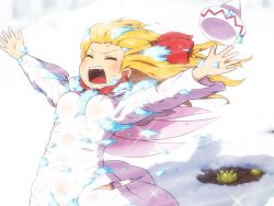 Rule 34 | 1girl, blonde hair, breasts, commentary request, dress, fairy wings, hair ribbon, lily white, long hair, long sleeves, lower teeth only, no headwear, open mouth, outstretched arms, plant, protecting, red ribbon, ribbon, shirosato, small breasts, snow, snowstorm, solo, standing, sweatdrop, teeth, tongue, torn clothes, touhou, upper teeth only, white dress, wind, wings