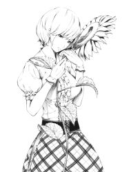 Rule 34 | 1girl, adapted costume, ascot, blouse, breasts, cowboy shot, female focus, flower, frills, gloves, greyscale, head tilt, kazami yuuka, large breasts, monochrome, plaid, plaid skirt, puffy sleeves, realistic, shirt, short hair, short sleeves, skirt, smile, solo, sousou (sousouworks), sunflower, touhou