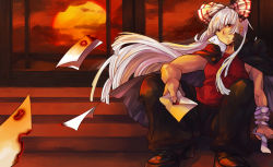 Rule 34 | 1girl, alternate costume, bad id, bad pixiv id, bandages, cape, cloud, evening, flying paper, fujiwara no mokou, hair ribbon, letter, long hair, looking away, love letter, muscular, paper, papers, piroriking, red eyes, ribbon, sideways glance, sitting, sleeveless, solo, stairs, sunset, touhou, very long hair, window
