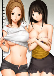 Rule 34 | 2girls, areola slip, azuki miho, bakuman, bare arms, bare shoulders, black hair, black skirt, blonde hair, blush, bra, breast hold, breasts, brown hair, cleavage, clothes lift, covering privates, covering breasts, cowboy shot, hand on shoulder, large breasts, lingerie, long hair, looking at viewer, midriff, miyoshi kaya, multiple girls, navel, nipple slip, nipples, open fly, open mouth, parted lips, shirt lift, short shorts, shorts, skirt, sleeveless, unbuttoned, underboob, underwear, undressing, unzipped, yamada ichizoku