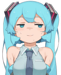 Rule 34 | 1girl, :3, abmayo, bare shoulders, blush, breasts, closed mouth, collared shirt, green hair, green necktie, grey background, grey shirt, hair ornament, hatsune miku, highres, long hair, medium breasts, necktie, nervous smile, shirt, sideways glance, simple background, smile, solo, sweat, twintails, upper body, vocaloid
