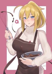 Rule 34 | 1girl, absurdres, ahoge, apron, artoria pendragon (fate), blonde hair, blush, bowl, breasts, brown apron, chocolate, fate/grand order, fate (series), hair between eyes, heart, highres, kasumi saika, large breasts, long hair, long sleeves, looking at viewer, mysterious heroine x (fate), mysterious heroine xx (fate), parted lips, ponytail, ribbed sweater, sidelocks, smile, spoken heart, sweater, turtleneck, turtleneck sweater, whisk, white sweater