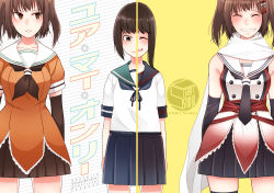 Rule 34 | 3girls, black gloves, black hair, black neckerchief, black sailor collar, black skirt, blue sailor collar, blue skirt, brown eyes, brown hair, buttons, closed eyes, commentary request, cowboy shot, double-breasted, dual persona, elbow gloves, fubuki (kancolle), fubuki kai ni (kancolle), gloves, highres, kantai collection, looking to the side, multiple girls, neckerchief, pleated skirt, ponytail, sailor collar, scarf, school uniform, sendai (kancolle), sendai kai ni (kancolle), serafuku, sidelocks, skirt, split theme, tanaka io (craftstudio), two side up, white scarf