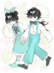 Rule 34 | 1boy, 1girl, aqua bow, aqua bowtie, aqua eyes, aqua footwear, aqua pants, aqua skirt, black eyes, black footwear, black hair, bow, bowtie, chinese commentary, closed mouth, collared shirt, colored skin, commentary request, daerku, dual persona, expressionless, frilled skirt, frills, full body, hair bow, hair bun, hair ribbon, highres, li yuting (female), li yuting (male), long sleeves, mole, mole under each eye, mole under eye, multiple moles, neck ribbon, official alternate costume, official alternate hairstyle, pants, pantyhose, ribbon, shirt, single hair bun, single hair ring, skirt, striped bow, striped bowtie, striped clothes, striped ribbon, suspender skirt, suspenders, touqi guaitan, walking, white pantyhose, white ribbon, white shirt, white skin