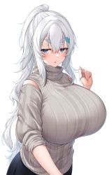 Rule 34 | 1girl, blush, breasts, detached sleeves, grey sweater, hair between eyes, hair ornament, hairclip, highres, huge breasts, long hair, original, parted lips, ponytail, simple background, solo, suruga (xsurugax), sweater, thick eyebrows, very long hair, white background, white hair