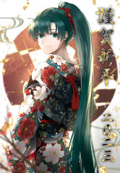 Rule 34 | 1girl, alternate costume, closed mouth, commentary request, delsaber, earrings, fire emblem, fire emblem: the blazing blade, floral print, green eyes, green hair, hair ribbon, highres, japanese clothes, jewelry, kimono, lips, long hair, looking at viewer, lyn (fire emblem), new year, nintendo, pink lips, ponytail, red ribbon, ribbon, smile, solo, tassel, very long hair, yukata