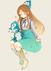 Rule 34 | 1girl, bird, blue ribbon, blue sleeves, boots, bow, buttons, closed eyes, closed mouth, collared shirt, dress, dress shirt, frilled shirt, frills, gradient hair, gradient skirt, green skirt, invisible, light brown hair, long hair, mawaru penguindrum, multicolored hair, neck ribbon, penguin, pink bow, ribbon, shigure ui, shirt, simple background, single sidelock, sitting, sketch, skirt, solo, star (symbol), striped sleeves, takakura himari, two-tone sleeves, white shirt, white sleeves, yellow background
