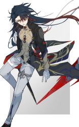 Rule 34 | 1boy, :|, bandaged hand, bandages, black footwear, black sleeves, blade (honkai: star rail), chest sarashi, chinese clothes, closed mouth, earrings, grey pants, hair over one eye, highres, holding, holding sword, holding weapon, honkai: star rail, honkai (series), jewelry, jian (weapon), long hair, long sleeves, male focus, oshoyu (aree9), pants, red eyes, sarashi, simple background, solo, sword, v, weapon, white background