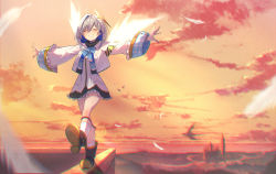 Rule 34 | 1girl, amane kanata, angel wings, black footwear, black skirt, blue hair, boots, closed eyes, colored inner hair, commentary request, feathers, frilled skirt, frills, grin, hair between eyes, halo, highres, hololive, jacket, long sleeves, medium hair, multicolored hair, orange sky, outstretched arms, shirt, silver hair, skirt, sky, smile, socks, solo, standing, standing on one leg, star halo, virtual youtuber, white jacket, white shirt, white socks, wide shot, wide sleeves, wings, yoruillust