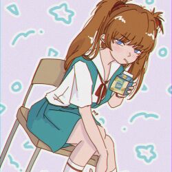 Rule 34 | 1girl, alternate hairstyle, artist request, blue eyes, breasts, brown hair, chair, drinking, expressionless, hair ornament, highres, interface headset, long hair, looking at viewer, medium breasts, neon genesis evangelion, school uniform, simple background, sitting, skirt, solo, souryuu asuka langley, suspender skirt, suspenders, tokyo-3 middle school uniform, twintails, two side up, very long hair