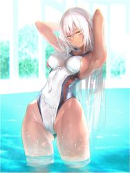 Rule 34 | 1girl, absurdres, armpits, arms behind head, arms up, breasts, closed mouth, competition swimsuit, covered navel, cowboy shot, crossed bangs, dark-skinned female, dark skin, eyelashes, girls&#039; frontline, gluteal fold, groin, hair between eyes, half-closed eyes, highleg, highleg swimsuit, highres, hip bones, indoors, large breasts, long hair, looking at viewer, m590 (girls&#039; frontline), one-piece swimsuit, pool, pottsness, sideboob, sidelocks, smile, solo, swimsuit, water, wet, white hair, yellow eyes