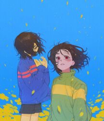 Rule 34 | 2others, bandaid, bandaid on face, bandaid on nose, black shorts, blue background, blue sweater, blush, brown hair, chara (undertale), closed eyes, closed mouth, colored skin, commentary request, flower, frisk (undertale), green sweater, hands up, highres, korean commentary, long sleeves, looking up, multiple others, nyeong o2, petals, red eyes, short hair, shorts, single stripe, standing, striped clothes, striped sweater, sweater, teeth, turtleneck, turtleneck sweater, undertale, yellow flower, yellow skin