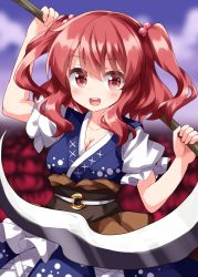 Rule 34 | 1girl, black sash, blue dress, blush, breasts, cleavage, coin, coin on string, collarbone, dress, frilled sleeves, frills, hair between eyes, hair bobbles, hair ornament, highres, holding, holding scythe, onozuka komachi, open mouth, puffy short sleeves, puffy sleeves, red eyes, red hair, ruu (tksymkw), sash, scythe, short hair, short sleeves, solo, touhou, twintails