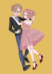 1boy 1girl blush brown_hair couple dress embarrassed formal_clothes fujichika_koume full_body glasses hair_bun high_heels highres holding_hands komura_kaede looking_at_another looking_at_viewer mie_ai pink_dress pink_hair simple_background suit sukinako_ga_megane_wo_wasureta yellow_background