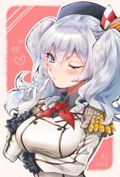Rule 34 | 1girl, arm under breasts, beret, black hat, blue eyes, blush, breasts, closed mouth, dated, epaulettes, frilled sleeves, frills, gloves, hair between eyes, hat, heart, highres, kantai collection, kashima (kancolle), large breasts, long hair, looking at viewer, military, military uniform, mot zenzai, one eye closed, silver hair, simple background, solo, twintails, twintails day, uniform, upper body, white gloves