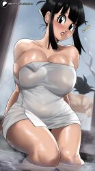 Rule 34 | !, 1boy, 1girl, absurdres, bare shoulders, black eyes, black hair, blush, breasts, chi-chi (dragon ball), cleavage, commentary, dragon ball, dragonball z, echo saber, highres, husband and wife, large breasts, medium hair, naked towel, onsen, parted lips, red lips, sidelocks, sitting, soaking feet, son goku, steam, thighs, towel, water