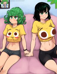 Rule 34 | 2girls, absurdres, bike shorts, black hair, black shorts, bracelet, breasts, bright pupils, closed mouth, commentary, couch, curly hair, dashi (dashiart), emoji, flushed face emoji, flushed face emoji shirt (meme), fubuki (one-punch man), green eyes, green hair, highres, indoors, jewelry, large breasts, looking to the side, looking up, medium hair, meme, multiple girls, navel, on couch, one-punch man, patreon username, photo (object), print shirt, shirt, short shorts, short sleeves, shorts, siblings, sisters, sitting, small breasts, symbol-only commentary, tatsumaki, thighs, watermark, web address, white pupils, yellow shirt