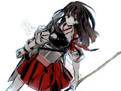 Rule 34 | 10s, 1girl, akagi (kancolle), bow (weapon), brown hair, cccbast, commentary request, expressionless, highres, japanese clothes, kantai collection, long hair, muneate, quiver, shinji (metal-chan), single glove, skirt, solo, weapon