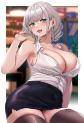 Rule 34 | 1girl, bare shoulders, black skirt, blush, braid, breasts, brown thighhighs, cleavage, collarbone, collared shirt, green eyes, grey hair, highres, hololive, large breasts, looking at viewer, low twin braids, moisture (chichi), open mouth, pencil skirt, shirogane noel, shirt, short hair, skirt, sleeveless, sleeveless shirt, smile, solo, thick thighs, thighhighs, thighs, twin braids, virtual youtuber, white shirt