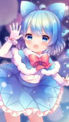 Rule 34 | 1girl, absurdres, adapted costume, blue background, blue bow, blue capelet, blue eyes, blue hair, blue skirt, blush, bow, bowtie, capelet, cirno, coa (chroo x), eyes visible through hair, frills, gloves, hair between eyes, hair bow, hand up, highres, ice, ice wings, long sleeves, looking at viewer, open mouth, pink bow, purple background, red bow, red bowtie, shirt, short hair, skirt, smile, snowflakes, solo, touhou, white gloves, white shirt, wings