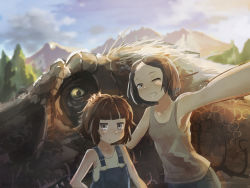 Rule 34 | 2girls, anachronism, ari hinoko, armpits, backlighting, black hair, blunt bangs, blurry, blush, brown hair, child, cloud, commentary, deko (kamemaru), depth of field, dinosaur, forehead, grey eyes, grin, hand on another&#039;s head, highres, imouto (kamemaru), looking at viewer, mountain, multiple girls, one eye closed, original, outstretched arm, overalls, reaching, reaching towards viewer, selfie, short hair, short ponytail, side ponytail, size difference, sky, smile, tank top, tree, tyrannosaurus rex, upper body