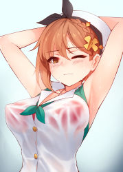 Rule 34 | 1girl, armpits, arms behind head, atelier (series), atelier ryza, atelier ryza 2, beret, blush, bra, breasts, brown eyes, brown hair, button gap, closed mouth, commentary, green neckwear, hair ornament, hat, highres, medium breasts, one eye closed, red bra, reisalin stout, ricegnat, see-through, shirt, short hair, sleeveless, sleeveless shirt, solo, symbol-only commentary, underwear, wet, wet clothes, white hat, white shirt