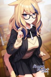 Rule 34 | 1girl, :3, animal ears, warrior of light (ff14), black-framed eyewear, black jacket, black skirt, blazer, blue eyes, bow, bowtie, breasts, cat ears, cat girl, cat tail, collared shirt, commission, desk, final fantasy, final fantasy xiv, glasses, hand up, jacket, kinsenka momi, large breasts, long hair, long sleeves, looking at viewer, miniskirt, miqo&#039;te, multicolored hair, on desk, pleated skirt, school uniform, shirt, sitting, on desk, skeb commission, skirt, smile, solo, sweater, tail, two-tone hair, undershirt, white shirt, yellow sweater