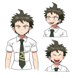 Rule 34 | 1boy, :d, ahoge, bags under eyes, blush, brown hair, closed eyes, closed mouth, collared shirt, commentary request, cropped shoulders, cropped torso, danganronpa (series), danganronpa 2: goodbye despair, expressions, frown, furukawa (yomawari), green neckwear, happy, highres, hinata hajime, looking at viewer, male focus, multiple views, necktie, open mouth, school uniform, shirt, short hair, short sleeves, simple background, smile, sweatdrop, teeth, upper body, white background, white shirt