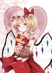 Rule 34 | 1girl, absurdres, arm at side, ascot, blonde hair, blush, box, candy, chocolate, chocolate heart, crystal, dress, embarrassed, flandre scarlet, food, foreshortening, giving, hat, hat ribbon, heart, heart-shaped box, heart background, highres, looking at viewer, mob cap, mumu-crown, pov, puffy short sleeves, puffy sleeves, red dress, red eyes, ribbon, short hair, short sleeves, side ponytail, solo, touhou, upper body, valentine, wings