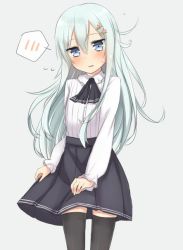 Rule 34 | 10s, 1girl, alternate costume, bad id, bad twitter id, black thighhighs, blue eyes, embarrassed, hair ornament, hammer and sickle, hibiki (kancolle), kantai collection, long hair, nonono (mino), pleated skirt, shirt, silver hair, skirt, solo, star (symbol), star hair ornament, thighhighs, verniy (kancolle), white shirt