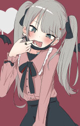 Rule 34 | 1girl, absurdres, bandaid, bandaid on neck, bat wings, black bow, black mask, black skirt, blush, bow, detached wings, fangs, finger in own mouth, frilled shirt collar, frills, hair bow, halftone texture, hatsune miku, heart, highres, jewelry, long hair, looking at viewer, official alternate costume, pink shirt, raised eyebrow, red background, ring, shirt, skirt, solo, spiral (udon), tongue, tongue out, twintails, upper body, vampire, vampire (vocaloid), very long hair, vocaloid, wings