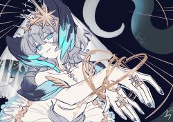 Rule 34 | 1girl, aqua eyes, aqua nails, arknights, bare shoulders, black nails, blue eyes, breasts, chinese commentary, cleavage, commentary, dress, grey hair, hair ornament, head wings, highres, ho&#039;olheyak (arknights), jewelry, kaleka, looking at viewer, medium hair, necklace, ring, shawl, solo, white dress, wings