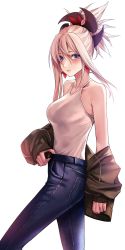 Rule 34 | 1girl, applekun, bare shoulders, blue eyes, blush, breasts, brown jacket, closed mouth, denim, earrings, fate/grand order, fate (series), feet out of frame, hair between eyes, highres, jacket, jeans, jewelry, long sleeves, looking at viewer, medium breasts, miyamoto musashi (fate), off shoulder, open clothes, open jacket, pants, short hair with long locks, short ponytail, sidelocks, smile, solo, standing, tank top, white tank top