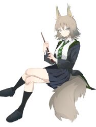 Rule 34 | 1girl, alternate costume, animal ears, arknights, ashlock (arknights), black footwear, black jacket, black skirt, black socks, collared shirt, green necktie, grey eyes, hair between eyes, highres, holding, holding wand, invisible chair, jacket, layered sleeves, long sleeves, looking at viewer, material growth, necktie, off shoulder, open clothes, open jacket, oripathy lesion (arknights), pleated skirt, shirt, shoes, short hair, simple background, sitting, skirt, socks, solo, squirrel ears, squirrel girl, squirrel tail, tail, toto (t0t00629), wand, white background, white shirt